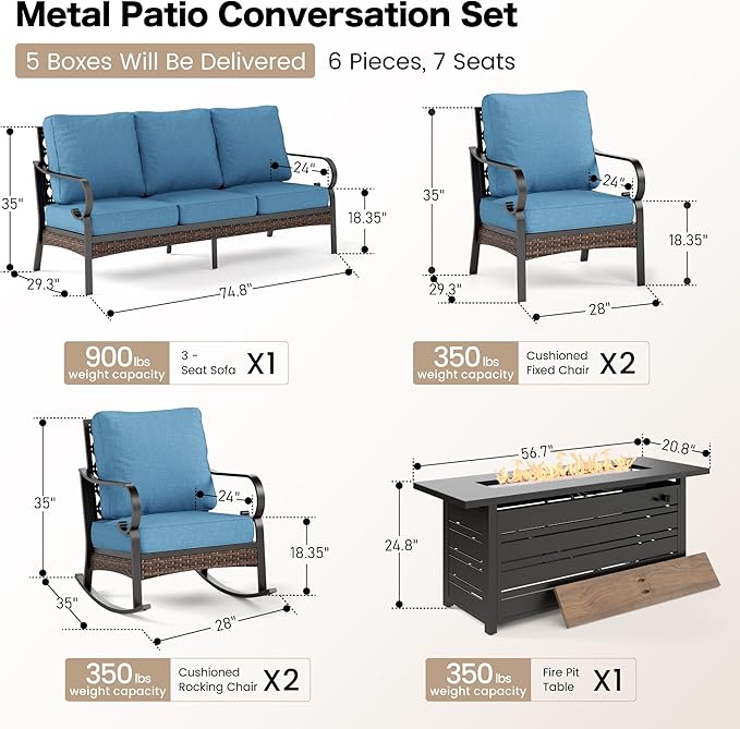 6 Piece Metal Outdoor Patio Furniture Sets with Firepit Table, Patio Conversation Sets 1 3-Seater Sofa, 2 Leg Sofa and 2 Rocking Chair with 5.75" Cushion for Backyard Deck, Denim Blue