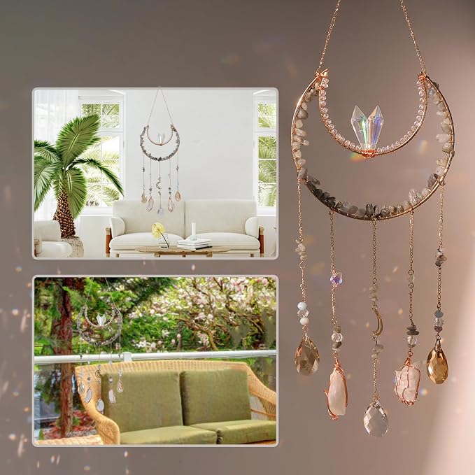 Crystal Suncatcher - Dreamsum Hanging Suncatchers with Crystals and Stones | Sun Catchers Indoor, Window Catcher with Prism Pendants Stones Slices, Moon Crystal Suncatchers gift for Girls, Lover and Mom