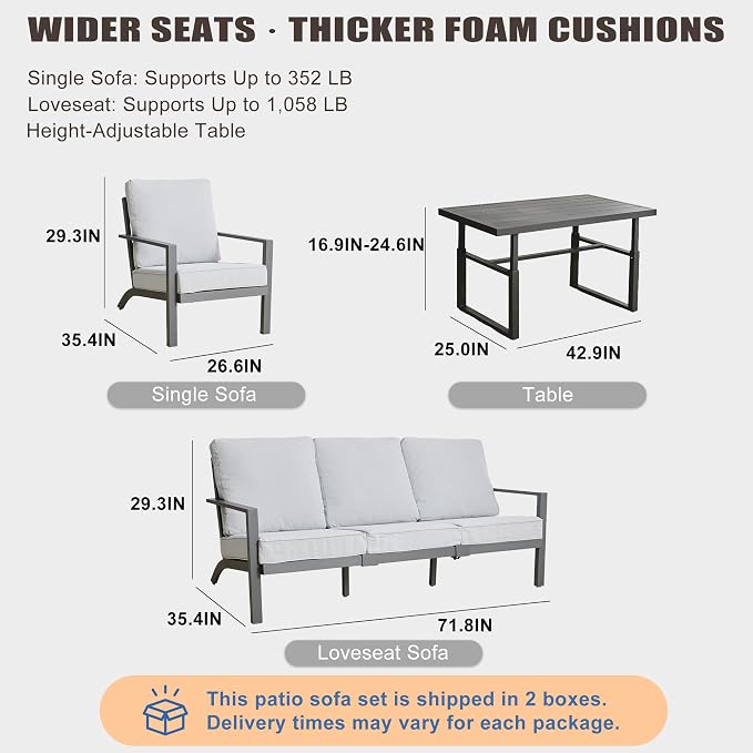 Aluminum Patio Furniture Set With Height-Adjustable Coffee Table, 4-Piece Patio Lounge Set With 5-Inch Washable Thickened Cushions, Outdoor Couch Sectional Suitable For Poolside Balconies Garden, Gray