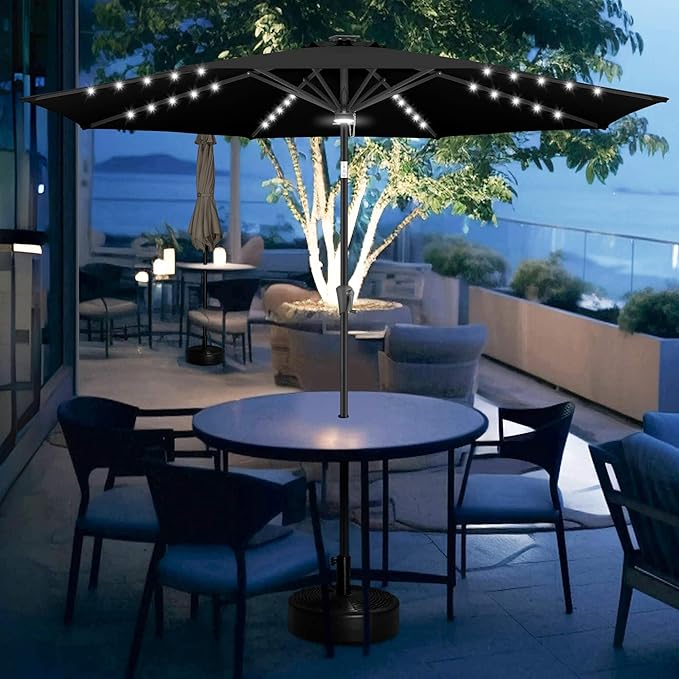 FLAME&SHADE 9 FT outdoor umbrella with 40LED lights, solar light patio umbrella with Centre Surround Light, Table Market Umbrella Outdoor Patiofor Deck, Pool, Backyard, Garden (Black)