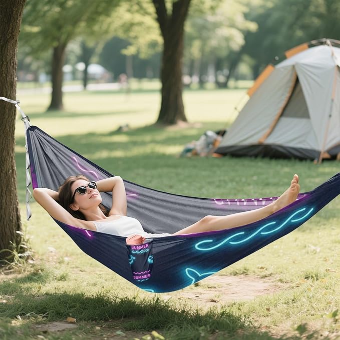 Summer Neon Whale Wave Black 330lb Capacity Outdoor Hammocks with Tree Straps Indoor Hammock for Indoor Outdoor Patio hamaca con soporte para adultos