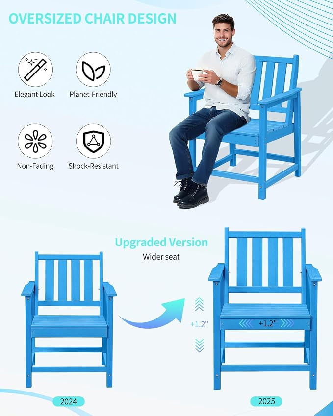 7-Piece Patio Dining Table Sets, Outdoor HDPE Dining Furniture Set Umbrella Hole Cut-Out Table and 6 Chairs for Backyard, Lawn, Deck and Poolside, Blue