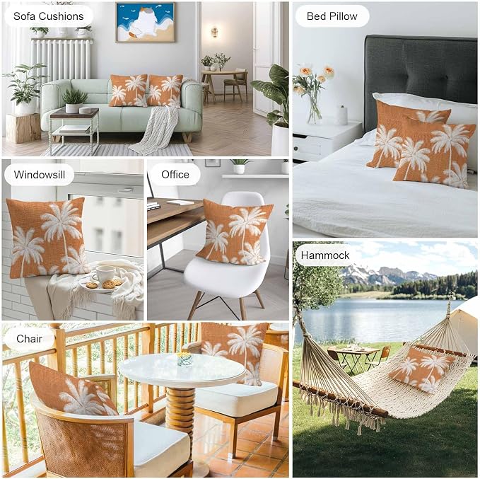 Outdoor Pillow Covers 26x26 Inch Set of 2, Burnt Orange Palm Trees Waterproof Throw Pillow Covers, Farmhouse Tropical Summer Beach Decorative Cushion Pillowcases for Couch, Sofa, Bed, Garden, Patio