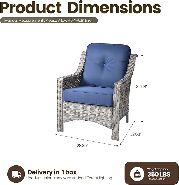 2 Piece Patio Furniture Set, Outdoor Wicker Chairs Set of 2 with Thick Cushion, Heavy Duty High Back Comfortable Chair for Small Balcony Porch Garden, Navy Blue