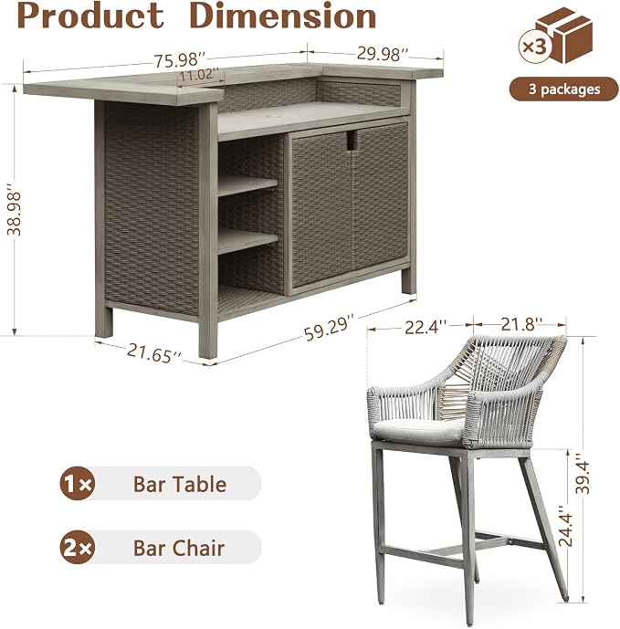 Domi Outdoor Home Bar Unit Set of 3, All-Weather Wicker & Aluminum Frame Farmhouse Bar Table with 2 Counter Height Stools with Shelves and Cabinet, for Patio, Kitchen Island, Indoor Outdoor Use