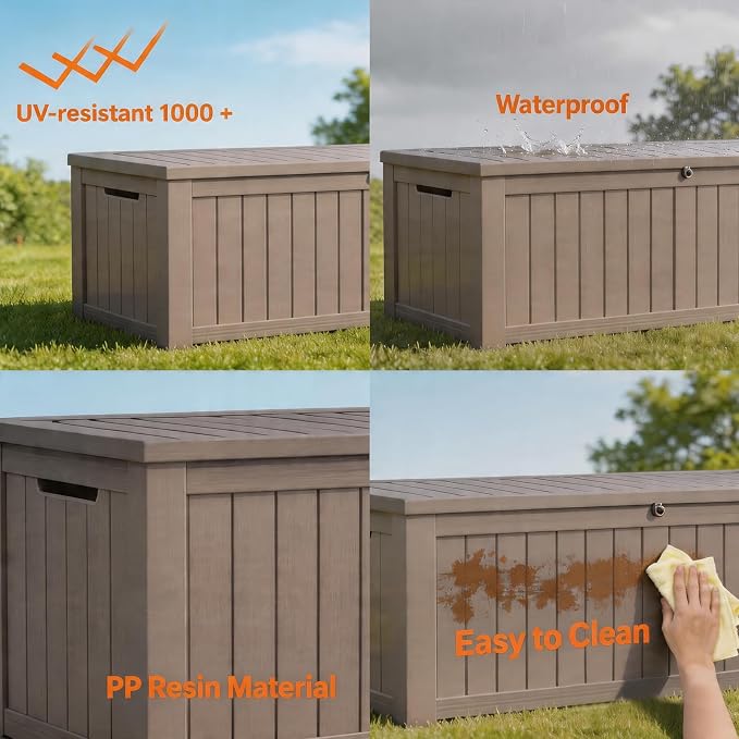 149 Gallon Resin Outdoor Storage Box, Waterproof Deck Box with Lockable Lid, Outside Storage Box for Patio Furniture, Pool Accessories, Garden Tools, Storage Bench for Backyard, Porch, Gray Brown