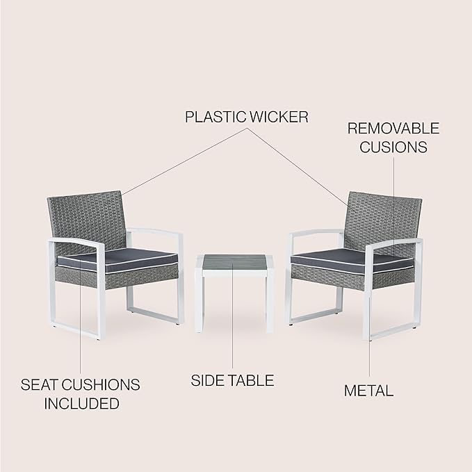 JONATHAN Y LVG1101A-3SET Selby 3-Piece Modern Coastal Faux Wicker Conversation Outdoor Patio Set Mid-Century, Classic, Contemporary, Traditional, Minimalist, White/Gray