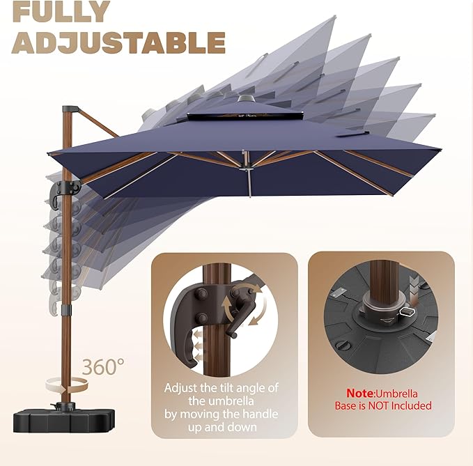 10x13FT Cantilever Outdoor Patio Umbrellas with Base, Double Top Wood Pattern Rectangle Umbrella, Heavy Duty 360°Rotation Offset Umbrella for Garden Deck Pool Patio, Navy Blue