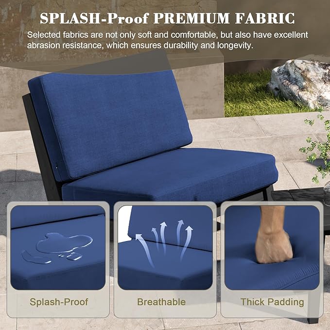 UIXE Black Wood Patio Furniture Sets, 4 Pieces All Weather Outdoor Sectional Futniture Patio Sofa Chair Backyard Conversation Set with Solid Wooden Coffee Table - Navy Blue