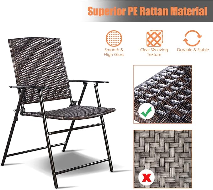 S AFSTAR 5 Pieces Patio Dining Set, 4 Folding Chairs with Table, Portable Wicker Chairs Furniture Set for Outdoor Garden Backyard (4 Chairs w/ 28''H Modern Round Table)