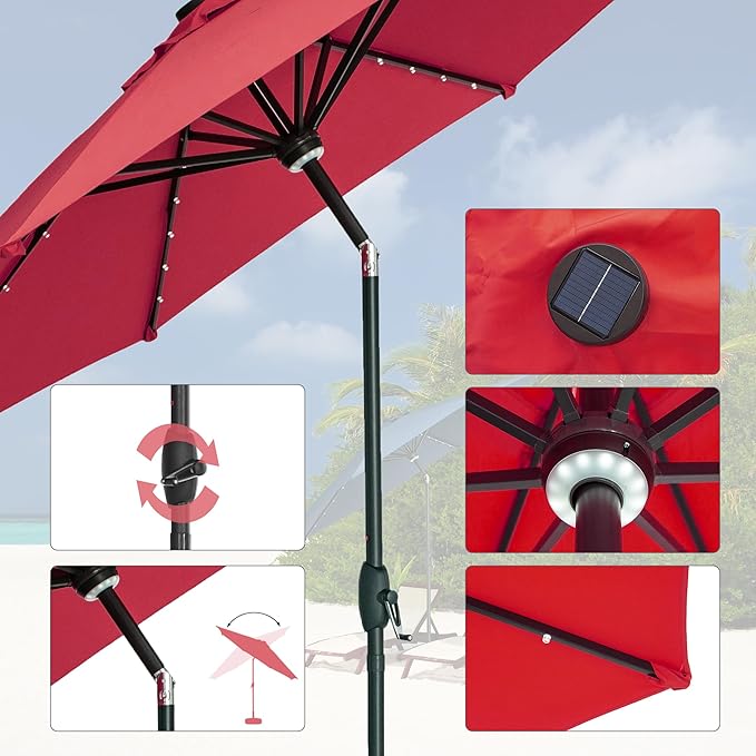 GDY 10Ft Patio Umbrella, Table Umbrella with 40 LED Lights, Outdoor Umbrellas for Patio, with Tilt and Crank, Center Light, for Garden, Deck, Backyard, Pool, and Beach.