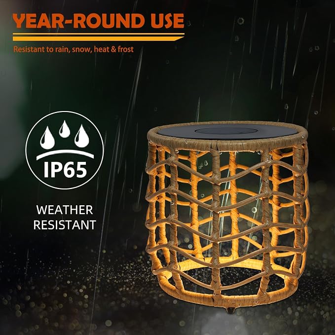 Solar Yard Set of 2 Solar Nesting Tables with Built-in Lights, Weather-Resistant Wicker for Patio, Garden, Side Table for Outdoor Natural