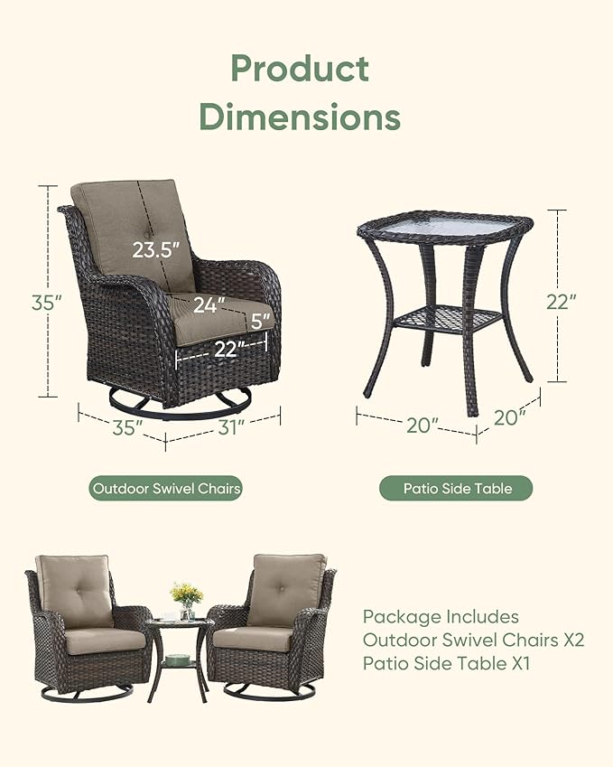 HUMMUH 3-Piece Swivel Rocking Rattan Chair Outdoor, Patio Bistro Furniture Conversation Set,Cushioned Wicker Chair with Glass Coffee Table(Brown, Grey)