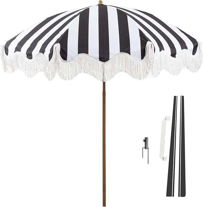 Rayjee 6.5FT Patio Umbrella with Fringe, UV Protection Beach Umbrella with Tilt & Adjustable Height, Includes Carry Bag & Ground Stake, Outdoor Umbrella for Pool, Garden, Backyard