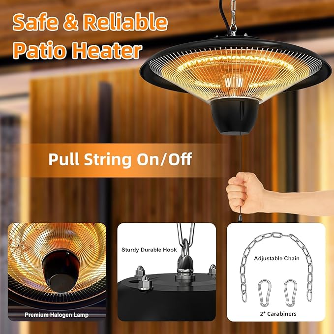 Patio Heater for Outdoor Use, 1500W Hanging Heater with Pull String Control, 2 Adjustable Heating Levels, Overheat Protection, Ultra Quiet Electric Heater for Porch Balcony Garage Living Room