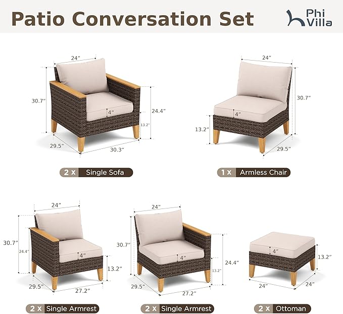 PHI VILLA Patio Sectional Wicker Furniture Set Oversize, 9-Piece Outdoor Rattan Conversation Seating Large Sofa Set for 9 Seats with Cushions, Beige
