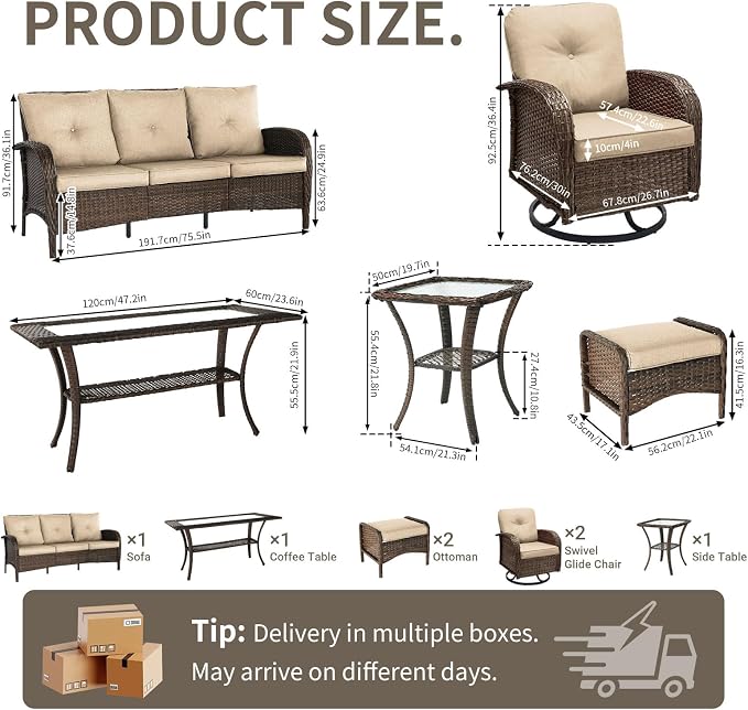 All Weather Patio Furniture Set, High Back Swivel Rocker Glider Chairs，Ottomans & Glass Tables, Outdoor Conversation Set for Deck Porch Yard Poolside (Brown, 7PCS-Sofa&Swivel Chairs&Ottomans&Tables)