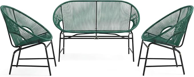 Christopher Knight Home Dessa 3 Piece Patio Furniture Set, Wicker Patio Loveseat Sofa and Accent Chair Set of 2, Metal Double Papasan Chair, Teal
