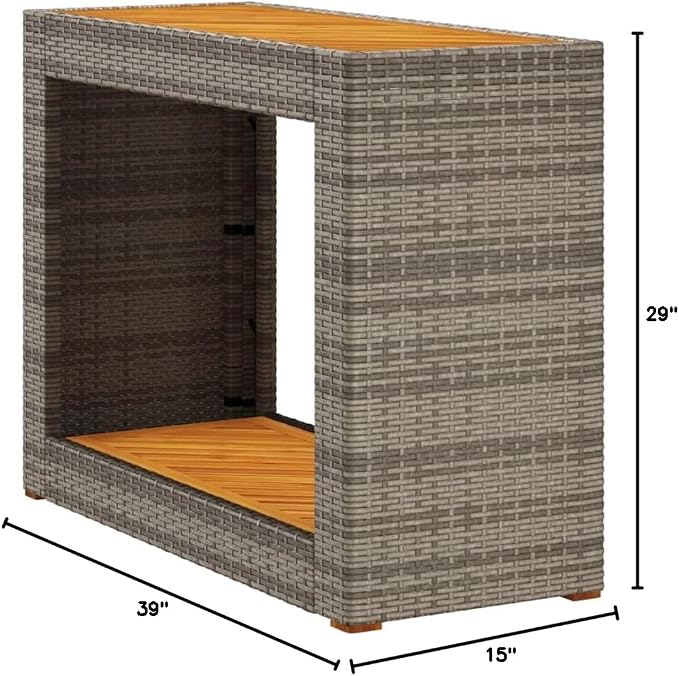Patio Side Table with Wooden Top Gray 39.4"x15.7"x29.5" Outdoor Furniture Poly Rattan Side Tables for Patio, Garden, Backyard, Stable and Durable, Easy to Clean, Modern Design