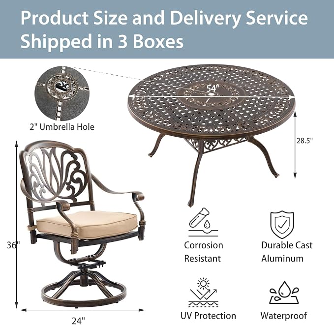 5-Pcs Cast Aluminum Patio Dining Set with 4 Swivel Chairs,Bronze | Outdoor Furniture Set Include 54" Round Dining Table and 4 Swivel Chairs with Cushions & Umbrella Hole