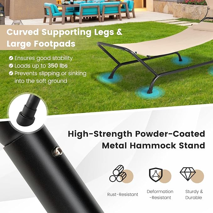 Nightcore Outdoor Canopy Hammock Swing Chair, Cushioned Patio Hanging Chaise Lounge w/Pillow & Storage Bag, Metal Swing Hammock Bed w/Stand for Garden, Lawn, Backyard (Beige)