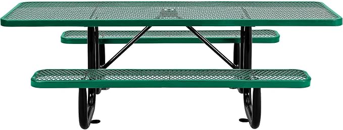 Global Industrial 8'L Rectangular Picnic Table, ADA Compliant, Expanded Metal, Green Thermoplastic Coating, Attached Benches, 1-1/2” Umbrella Pole Hole, Outdoor-Rated