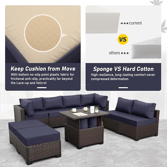 9 Pieces Wicker Patio Furniture Set Outdoor PE Rattan Sectional Conversation Sofa Set with Navy Blue Cushions and Storage Table