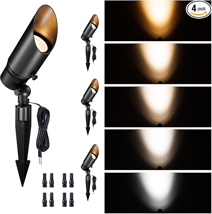 Landscape Spotlights Low Voltage - 2700K/3000K/3500K/4000K/5000K Selectable Uplights, 12V LED Spot Lights, Stretchable Shroud Outdoor Waterproof, Aluminum Black for Outside Trees 4 Pack