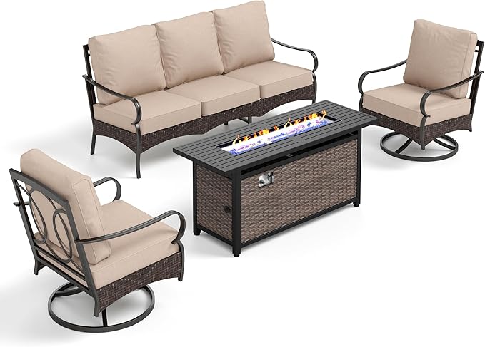 PHI VILLA 4-Piece Patio Sofa with 56" Fire Pit Table, Premium Wicker Metal Frame with Upgraded Waterproof Thick Cushions for Porch, Poolside, Deck, Beige