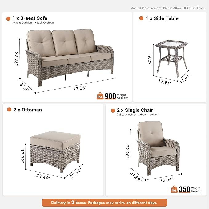 6-Piece Outdoor Patio Furniture Set with Glowing Coffee Table,All Weather Wicker Rattan Patio Seating Sofa and Chair Set with Ottomans,Outdoor Conversation Sets for Porch Deck Yard,Beige