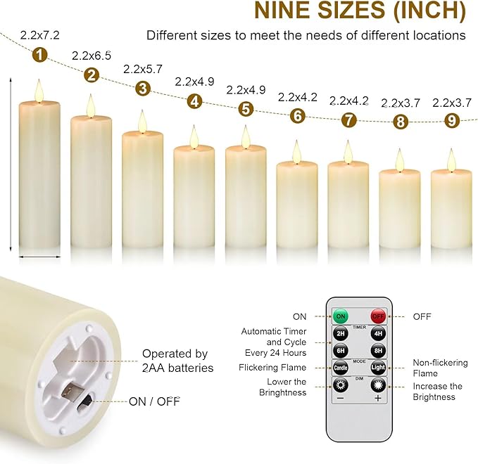 Hanzim Flameless Flickering Battery Operated Candles 9PACK Real Wax Pillar LED Candles with 10-Key Remote Control and 24 Hours Timer for Wedding, Party, Home Decoration (Ivory)