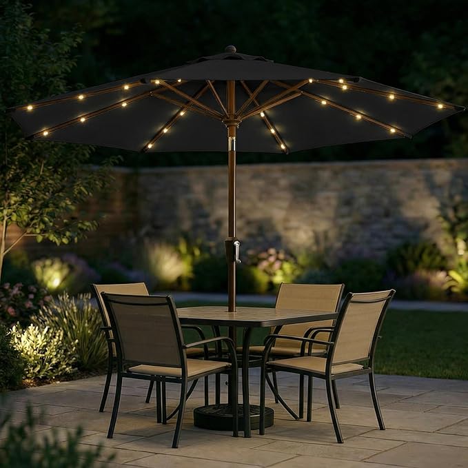 11FT Solar Patio Umbrella with Lights, Outdoor Table Market Umbrella with 32 LED Lights, 8 Sturdy Ribs, Smooth Crank Lift for Pool, Deck and Garden, UV-Resistant