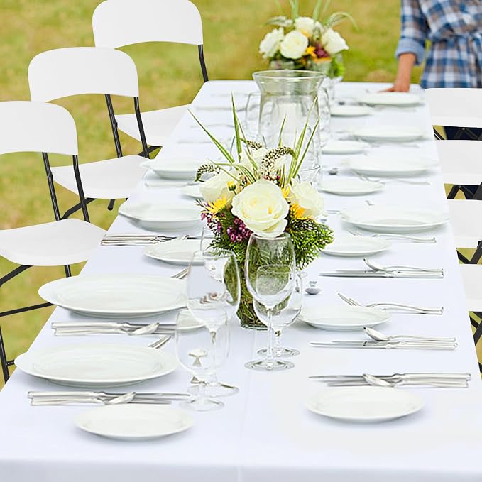 8ft Folding Table and Chairs, Outdoor Folding Chairs Set of 8, Foldable Table with Handle, Tables and Chairs for Parties, Picnic, Event, Indoor Outdoor Activities, at Home and Commercial Use, White