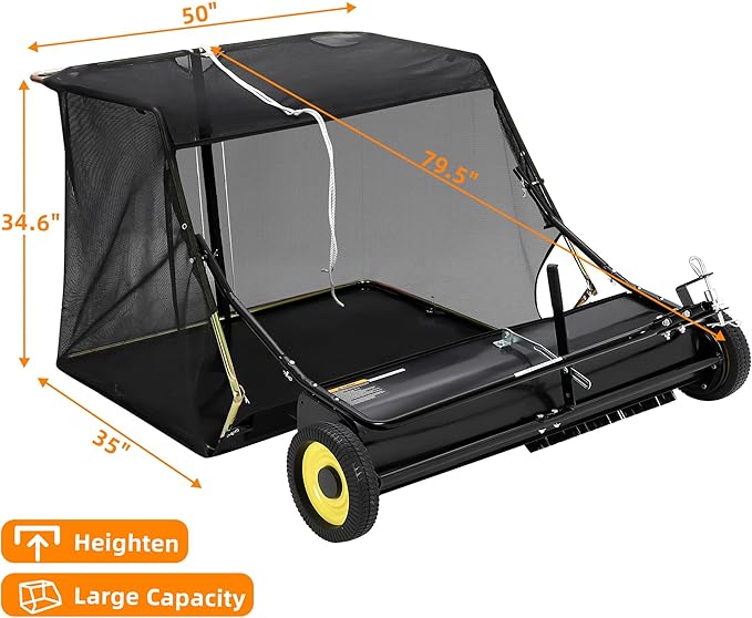 Tow Behind Lawn Sweeper, 50" Pull Behind Collector – Large Capacity Leaf & Grass Collector with Adjustable Height, Dumping Rope Design for Debris and Lawn Clippings