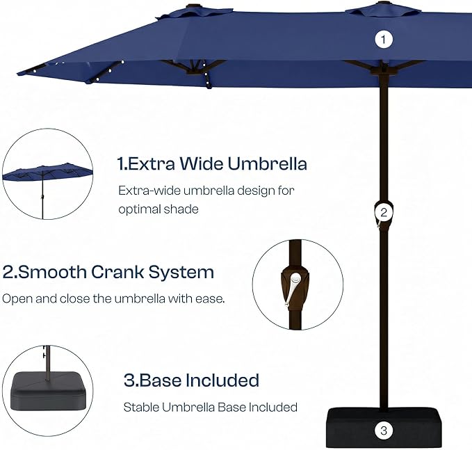 15FT Patio Umbrella with Solar Lights, Double-Sided Extra Large Outdoor Table Umbrella with Base Included, Heavy-Duty 12 Iron Ribs Market Umbrella for Garden, Pool, Backyard, Navy Blue