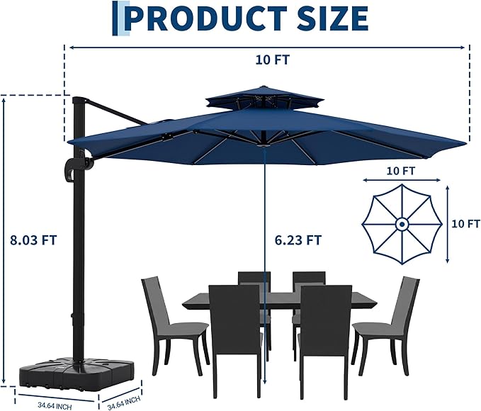 10x10 FT Round Outdoor Umbrella with Base, Cantilever Patio Umbrella with 360° Rotation & Adjustable Height, Heavy Duty Aluminum Umbrella Outdoor Patio for Garden Poolside,Navy Blue