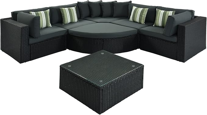 LUMISOL 7-Piece Patio Sofa Set, 93.5" Large Outdoor Half-Moon Sectional Sofa with Curved Ottoman & Coffee Table, Wicker Patio Conversation Set with Cushions for Backyard, Garden, Green Grey