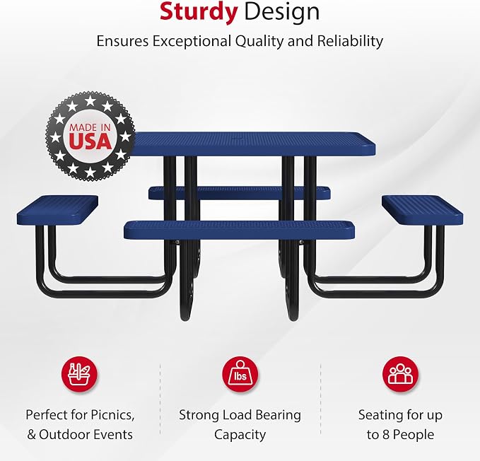Leisure Craft Metal Picnic Table with Bench - 46" Square Outdoor Dining Table for 8 with Umbrella Hole, Weatherproof Heavy Duty Thermoplastic Coating, Commercial Grade Furniture Made in USA - Navy
