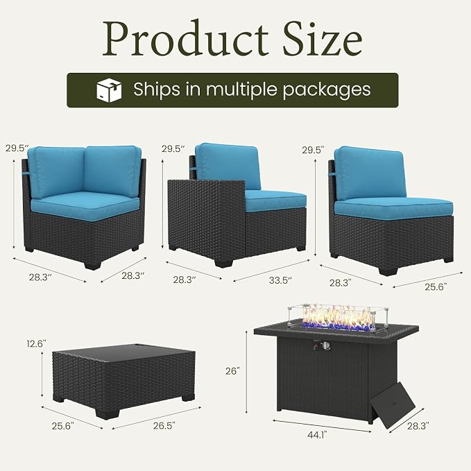 LayinSun 7 Pieces Outdoor Patio Furniture Set with 44" Fire Pit Table Rattan Sectional Sofa Conversation Sets