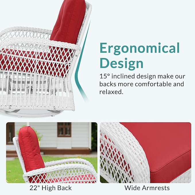 MEETWARM 3-Piece Outdoor Wicker Swivel Rocker Patio Set, Rocking Chairs Rattan Patio Furniture with Thickened Cushion and Glass-Top Coffee Table, Conversation Bistro Set, White Wicker/Red