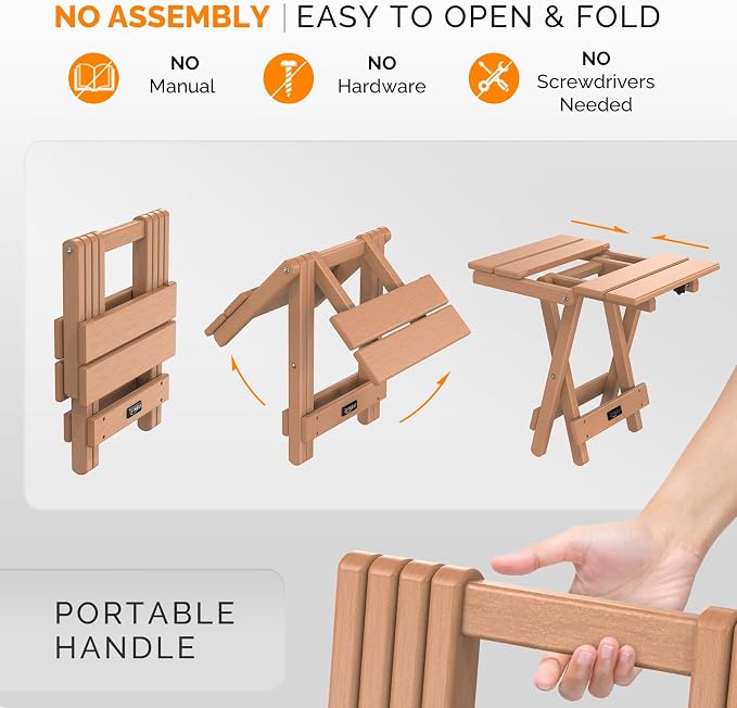 VINGLI Small HDPE Folding Side Table, Plastic Waterproof Portable Adirondack Coffee End Tables, All Weather for Patio, Backyard, Pool, Indoor Use, Slats Style, Teak