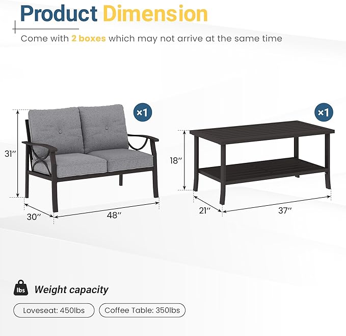 RoyalCraft Outdoor Patio Furniture Set, 2 Piece Patio Conversation Set, Metal Furniture Set with Loveseat for Porch Backyard,Khaki Metal Furniture with Gray Cushions