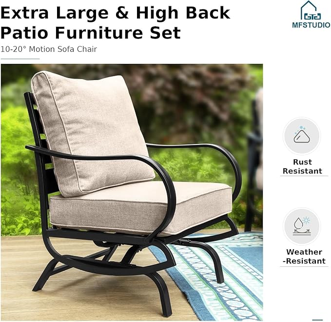 MFSTUDIO 5 Pieces Patio Conversation Sets,Outdoor Metal Furniture Sofas with 1 x 3-Seat Sofa, 2 x Rocking Chairs,2 x Ottoman,Wrought Iron Frame with Beige Cushion for Patio Courtyard Balcony