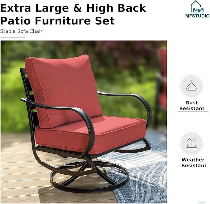 MFSTUDIO 6 Pieces Metal Patio Furniture Sets, 2 Swivel Chair, 1 Deep Seating 3-Seat Sofa, 2 Ottoman & 1 Marbling Coffee Table, All Weather 7 Seats Outdoor Conversation Set for Garden, Burgundy Red