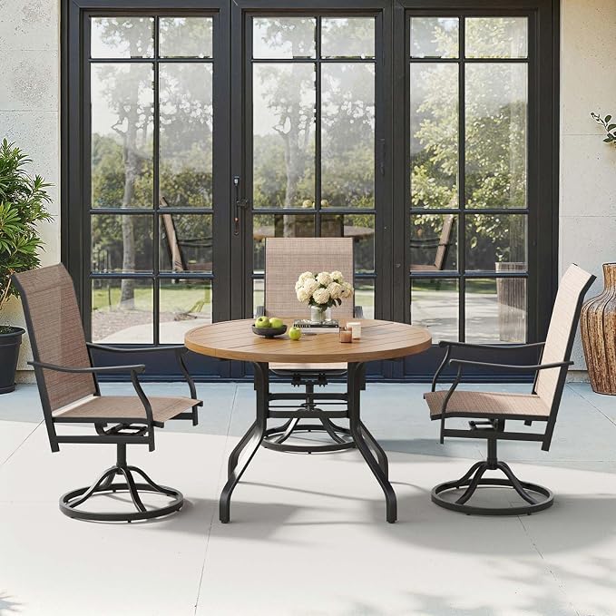 HRVEOCEI 47" Outdoor Round Table with Umbrella Hole, Metal Patio Dining Tables for Lawn Garden, Wood-Like Grain Bistro Table Outdoor for Backyard,Poolside,Deck,Por (Natural, Round)