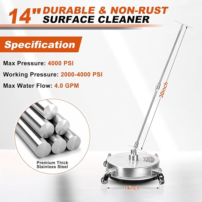 14" Pressure Washer Surface Cleaner with 4 Wheels, Stainless Steel Surface Cleaner for Pressure Washer for Concrete, Patio, Sidewalk & Driveways, 1/4" Quick Plug, 2 Extension Wand, 4000 PSI