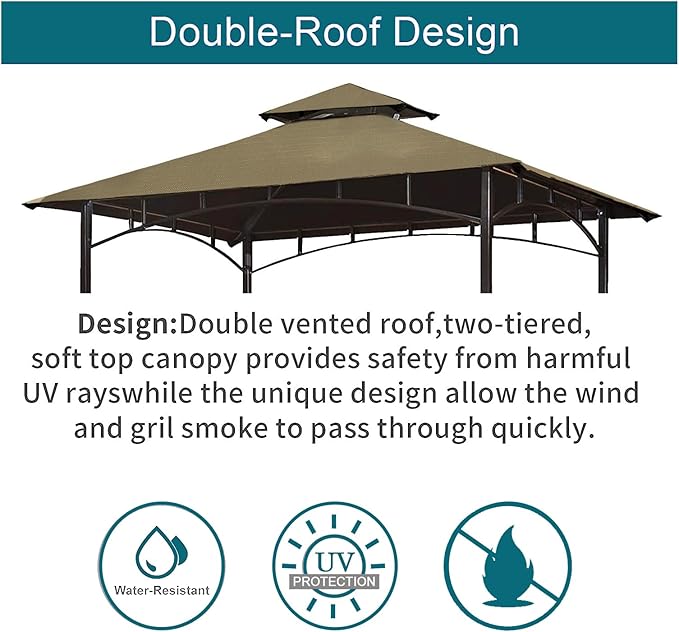 Grill Gazebo Replacement Canopy Top - Wonwon 5x8 Gazebo Roof Double Tiered Outdoor BBQ Roof Cover Grill Shelter Only Fit for Model L-GG001PST-F (Khaki Ripstop)