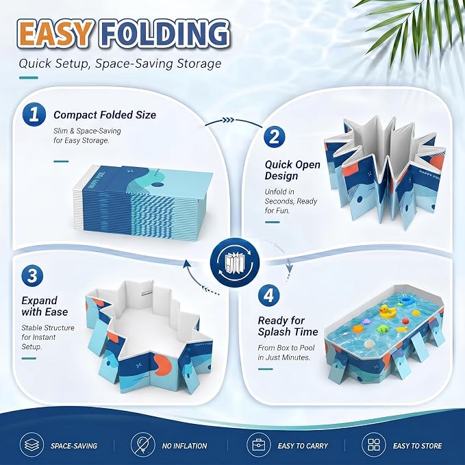 113" Foldable Pool for Adults & Kids, Large Capacity Non Inflatable Pool, Portable Hard-Side Foldable Swimming Pool, Above Ground Pool for Indoor Outdoor Backyard, Garden & Patio (Delft Blue)
