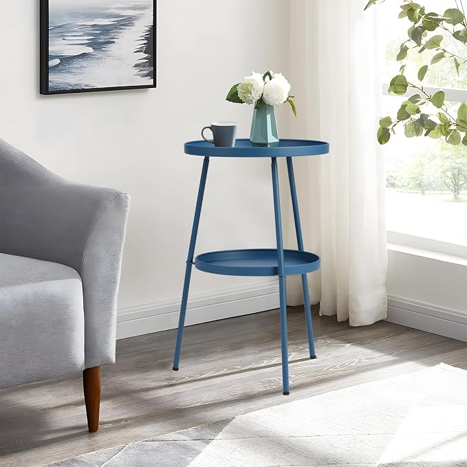 Outvita Outdoor Round Side Table, Small Metal End Table Black Coffee Table for Patio Lawn Garden Living Room Bedroom Sturdy (Double Layer, Navy Blue)