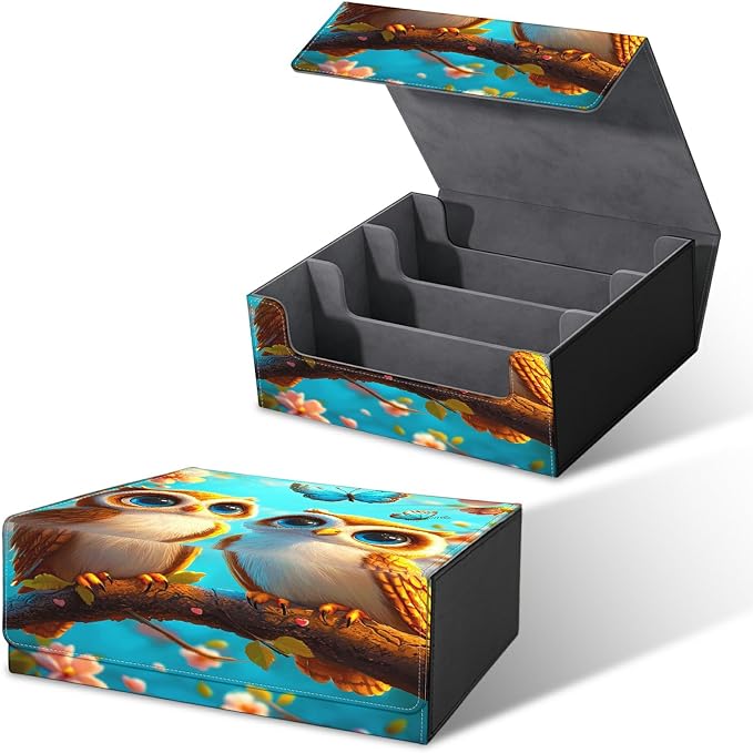 Card Deck Box for MTG, Cards Storage Box Fits 120+ Sleeved, Leather Big Size Strong Magnetic Closing Case for Board Games Magic TCG CCG Baseball Collection Women Man, Owl Blue